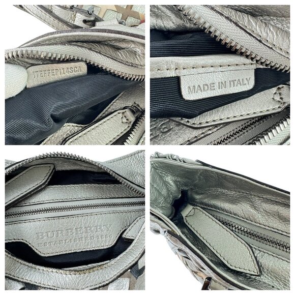 BURBERRY Silver Woven Leather and Nova Check Canvas Shoulder Bag Made in Italy - Picture 9 of 13